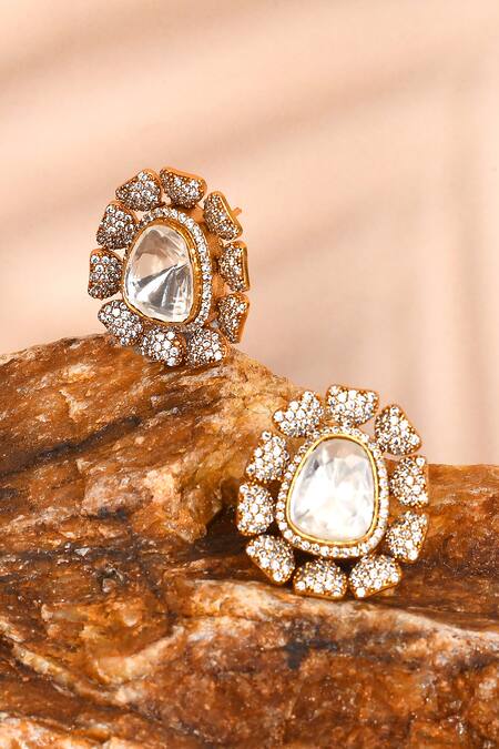 Shop_Preeti Mohan_Gold Plated Stones Floral Studded Earrings _at_Aza_Fashions