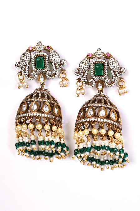 Preeti Mohan_Green Stone Studded Jhumkas _Online_at_Aza_Fashions