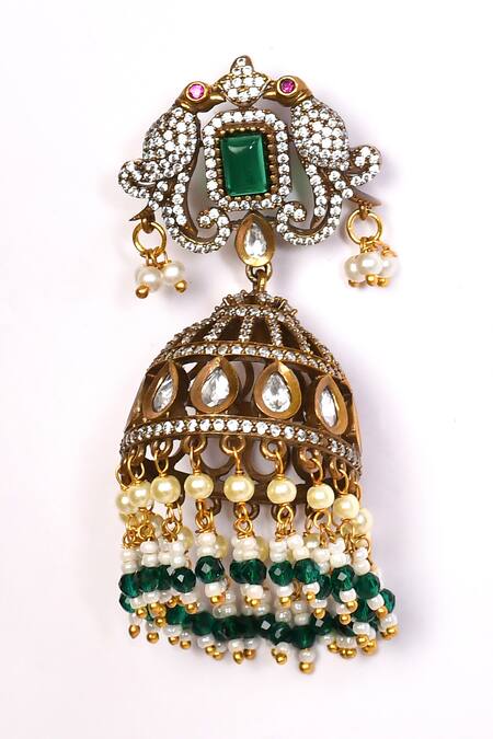 Buy_Preeti Mohan_Green Stone Studded Jhumkas _Online_at_Aza_Fashions
