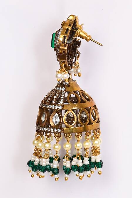 Shop_Preeti Mohan_Green Stone Studded Jhumkas _Online_at_Aza_Fashions