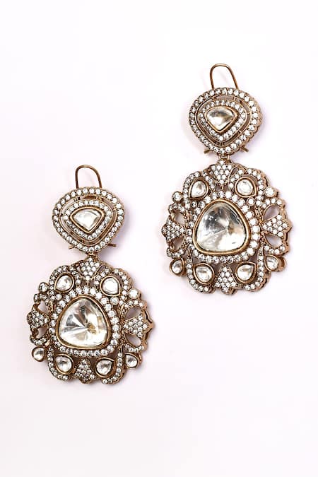 Preeti Mohan_Gold Plated Stones Studded Dangler Earrings _Online_at_Aza_Fashions