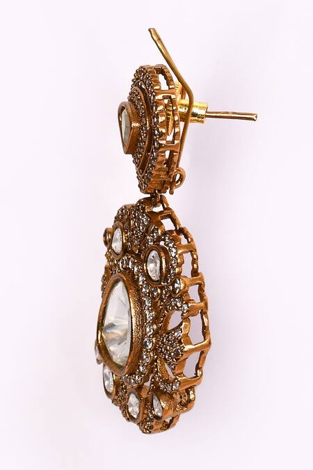 Shop_Preeti Mohan_Gold Plated Stones Studded Dangler Earrings _Online_at_Aza_Fashions
