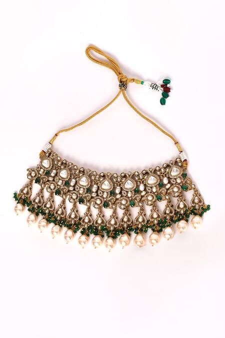 Buy_Preeti Mohan_Green Pearls, Stones Studded Floral Pattern Necklace Set _Online_at_Aza_Fashions