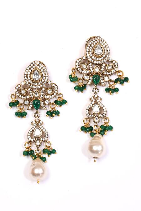 Shop_Preeti Mohan_Green Pearls, Stones Studded Floral Pattern Necklace Set _Online_at_Aza_Fashions