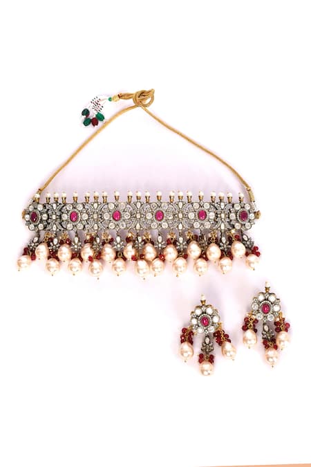 Preeti Mohan_Red Pearls, Stones, Rhinestones Ruby Studded Necklace Set _Online_at_Aza_Fashions