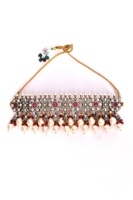Buy_Preeti Mohan_Red Pearls, Stones, Rhinestones Ruby Studded Necklace Set _Online_at_Aza_Fashions
