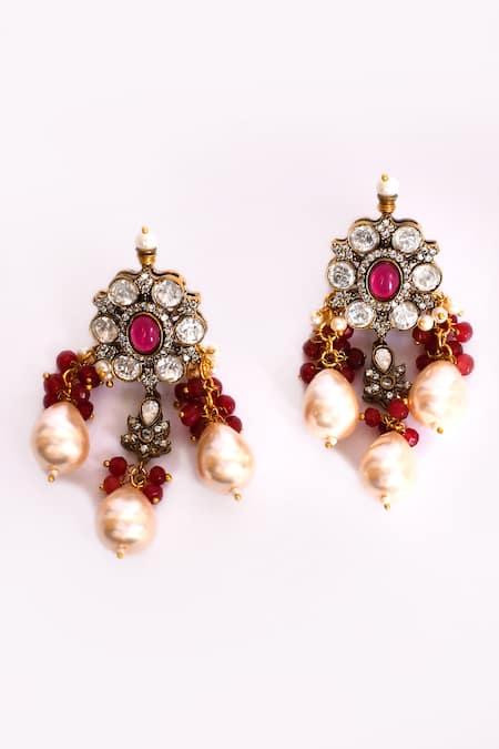 Shop_Preeti Mohan_Red Pearls, Stones, Rhinestones Ruby Studded Necklace Set _Online_at_Aza_Fashions