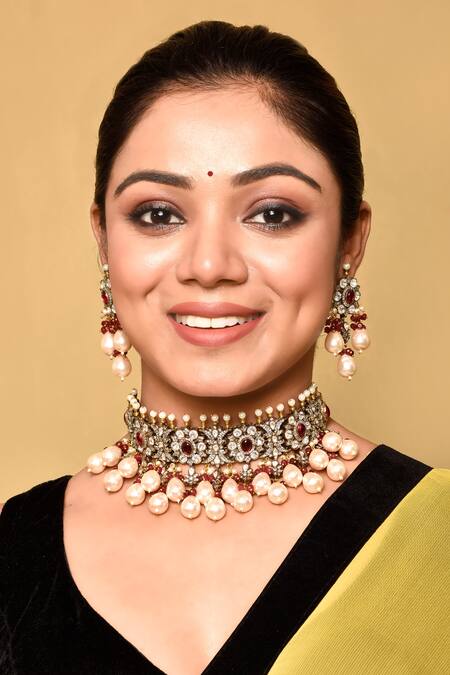 Preeti Mohan_Red Pearls, Stones, Rhinestones Ruby Studded Necklace Set _at_Aza_Fashions