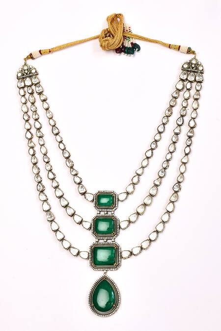 Preeti Mohan_Green Stones Embellished Three-layer Necklace Set _Online_at_Aza_Fashions