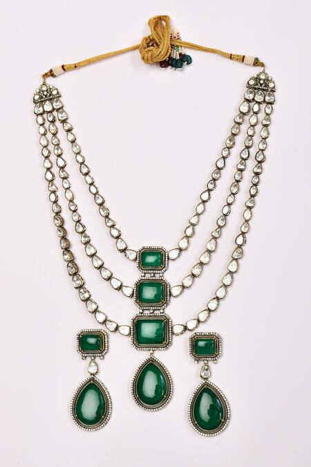 Buy_Preeti Mohan_Green Stones Embellished Three-layer Necklace Set _Online_at_Aza_Fashions