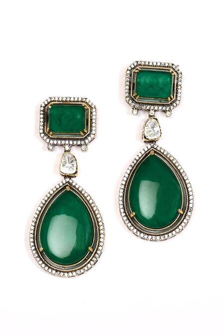 Shop_Preeti Mohan_Green Stones Embellished Three-layer Necklace Set _Online_at_Aza_Fashions