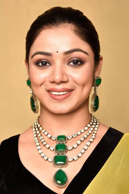Preeti Mohan_Green Stones Embellished Three-layer Necklace Set _at_Aza_Fashions