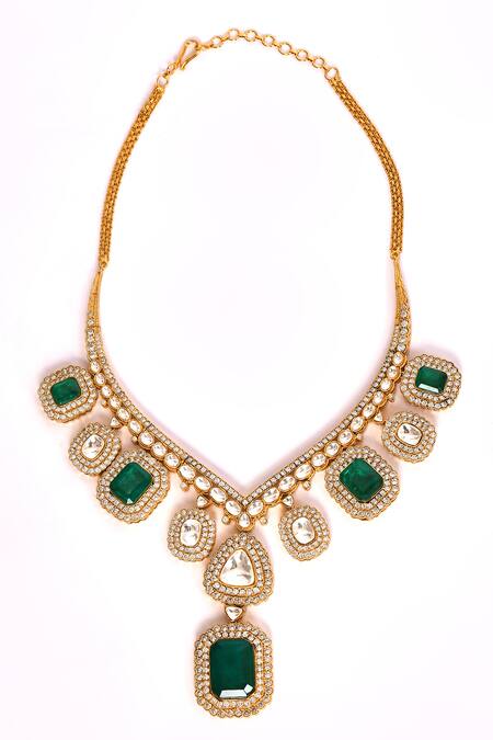 Preeti Mohan_Green Stones, Crystals Studded Pendant Necklace Set _Online_at_Aza_Fashions