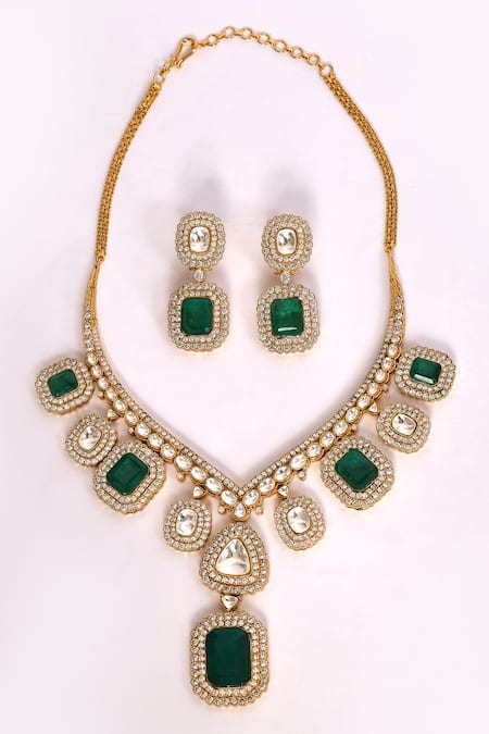 Buy_Preeti Mohan_Green Stones, Crystals Studded Pendant Necklace Set _Online_at_Aza_Fashions