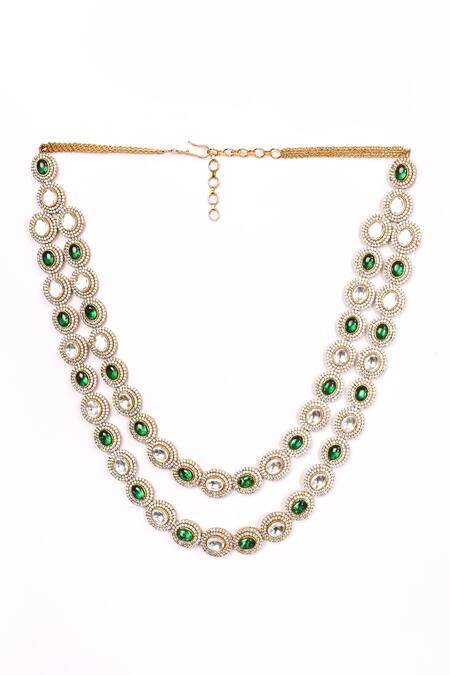 Preeti Mohan_Green Stones Oval Embellished Double Layer Necklace Set _Online_at_Aza_Fashions