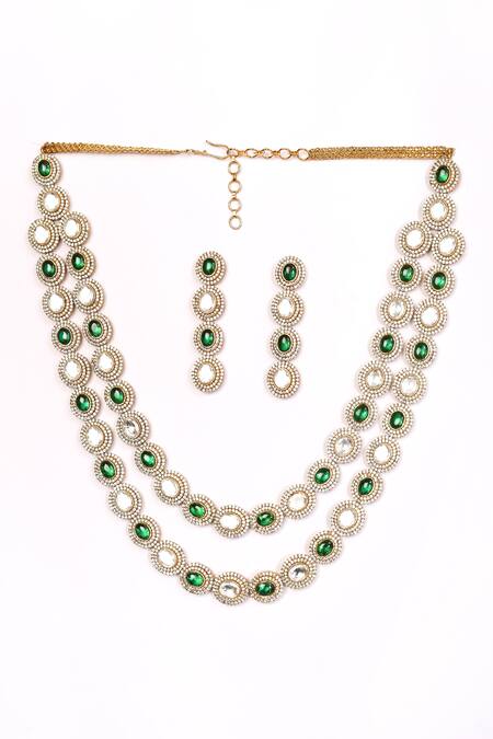 Buy_Preeti Mohan_Green Stones Oval Embellished Double Layer Necklace Set _Online_at_Aza_Fashions