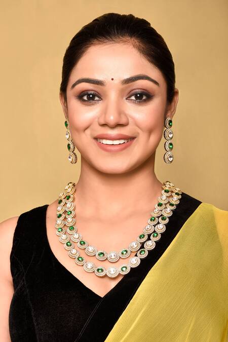 Preeti Mohan_Green Stones Oval Embellished Double Layer Necklace Set _at_Aza_Fashions