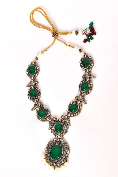 Buy_Preeti Mohan_Green Pearls, Stones Studded Swirl Pattern Necklace Set _Online_at_Aza_Fashions