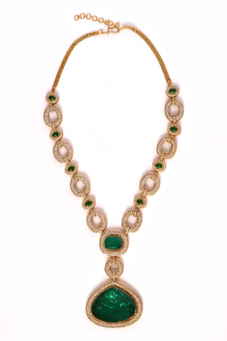 Preeti Mohan_Green Stones Studded Link Pattern Necklace Set _Online_at_Aza_Fashions