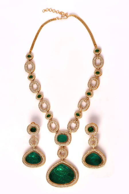 Buy_Preeti Mohan_Green Stones Studded Link Pattern Necklace Set _Online_at_Aza_Fashions