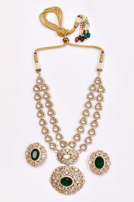 Buy_Preeti Mohan_Green Stones Floral Swirl Embellished Necklace Set _Online_at_Aza_Fashions