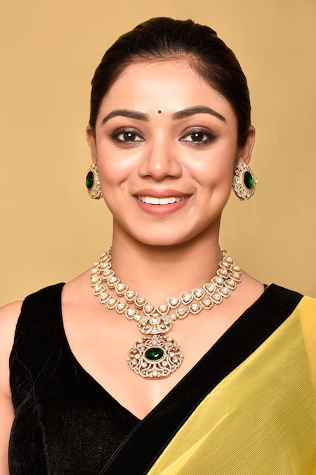 Preeti Mohan_Green Stones Floral Swirl Embellished Necklace Set _at_Aza_Fashions