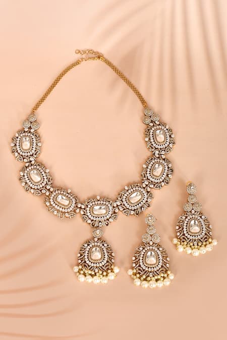 Preeti Mohan Stone Studded Pearl Tassel Necklace Set 
