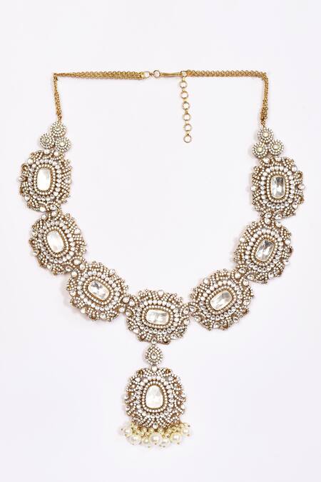 Preeti Mohan_Gold Plated Pearls, Stones Studded Tassel Necklace Set _Online_at_Aza_Fashions