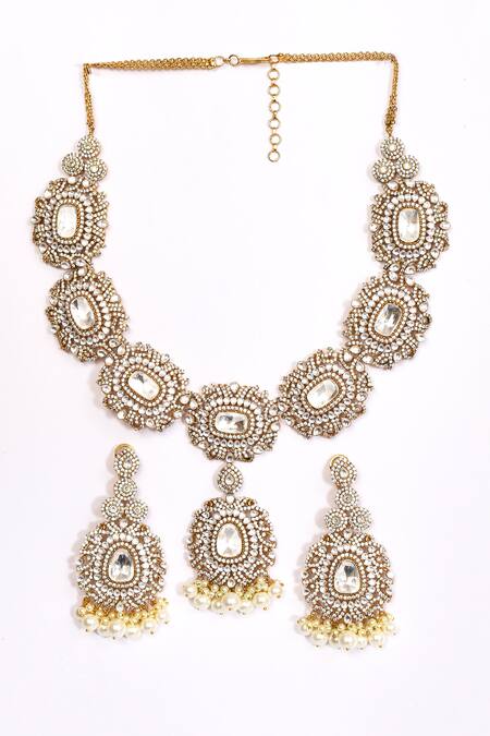 Buy_Preeti Mohan_Gold Plated Pearls, Stones Studded Tassel Necklace Set _Online_at_Aza_Fashions