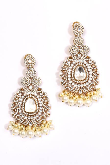 Shop_Preeti Mohan_Gold Plated Pearls, Stones Studded Tassel Necklace Set _Online_at_Aza_Fashions