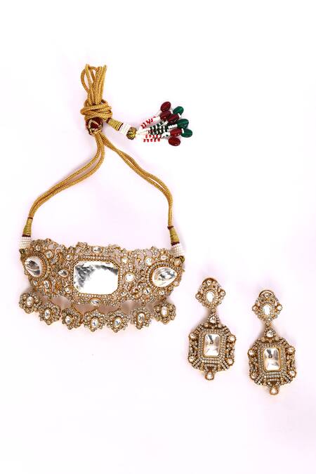 Buy_Preeti Mohan_Gold Plated Stones Clear Studded Choker Necklace Set _Online_at_Aza_Fashions