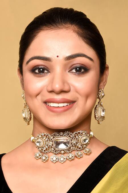 Preeti Mohan_Gold Plated Stones Clear Studded Choker Necklace Set _at_Aza_Fashions