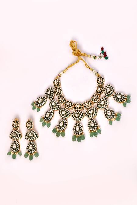 Preeti Mohan_Green Stones, Embroidery Studded Enamel Necklace Set _Online_at_Aza_Fashions