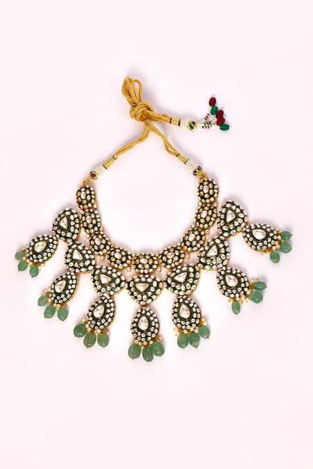 Buy_Preeti Mohan_Green Stones, Embroidery Studded Enamel Necklace Set _Online_at_Aza_Fashions
