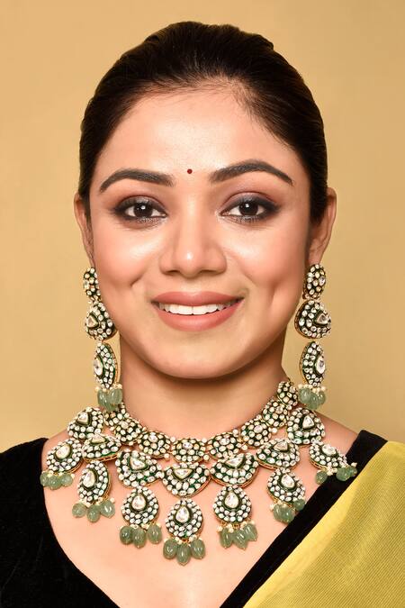 Shop_Preeti Mohan_Green Stones, Embroidery Studded Enamel Necklace Set _Online_at_Aza_Fashions