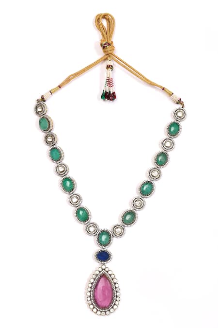 Preeti Mohan_Multi Color Stones Studded Victorian Necklace Set _Online_at_Aza_Fashions