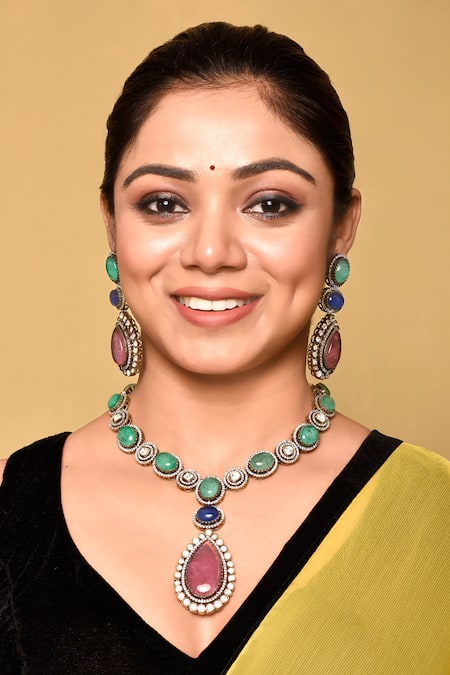 Shop_Preeti Mohan_Multi Color Stones Studded Victorian Necklace Set _Online_at_Aza_Fashions