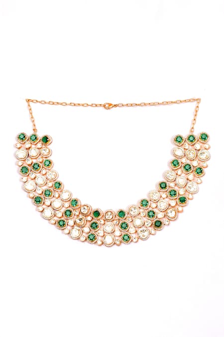 Preeti Mohan_Green Stones Studded Cluster Necklace Set _Online_at_Aza_Fashions
