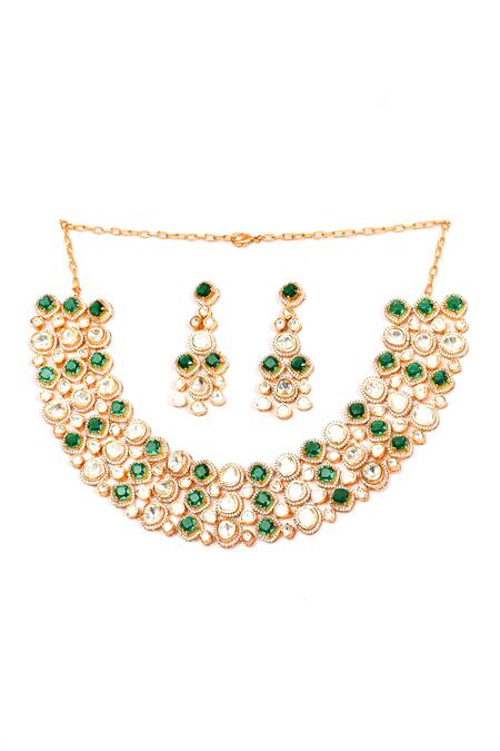 Buy_Preeti Mohan_Green Stones Studded Cluster Necklace Set _Online_at_Aza_Fashions