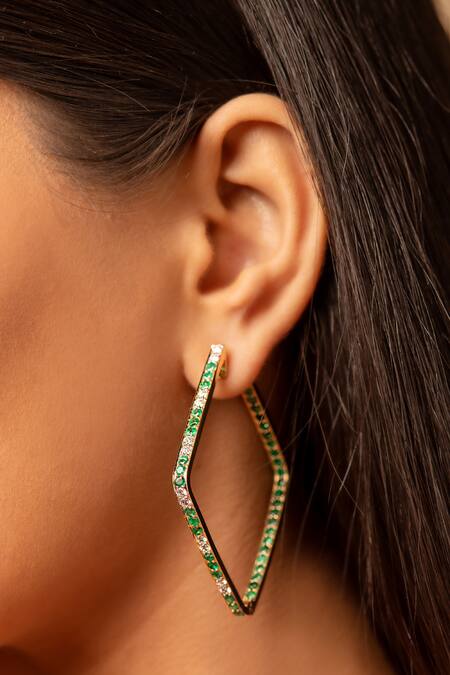 Kaj Fine Jewellery_Green Diamonds, Stones 18kt Yellow Gold Rhombus Full Cut Hoops_Online_at_Aza_Fashions