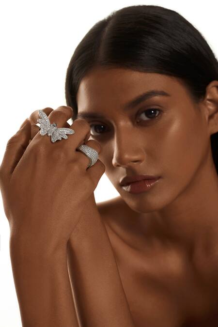 Buy_Kaj Fine Jewellery_White Imitation Diamonds 18kt Gold Butterfly Cut Pave Ring_Online_at_Aza_Fashions