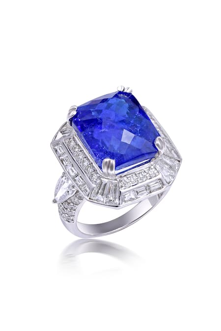 Shop_Kaj Fine Jewellery_Blue Tassels, Diamonds 18kt White Gold Tanzanite Ring_at_Aza_Fashions