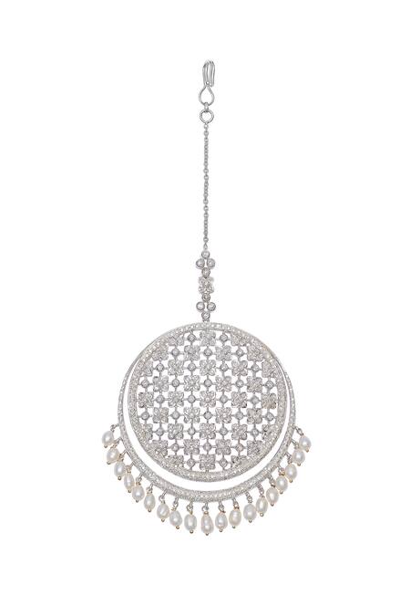 Shop_Kaj Fine Jewellery_White 18kt Gold Lattice Cut Work Diamond Maangtikka_at_Aza_Fashions