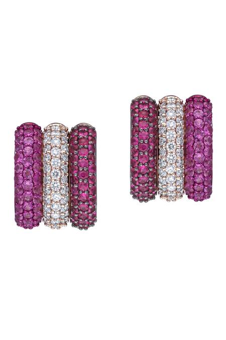 Buy_Kaj Fine Jewellery_Pink Diamonds, Stones, 18kt Yellow Gold Trio Sapphire And Ruby Mini Hoops_Online_at_Aza_Fashions