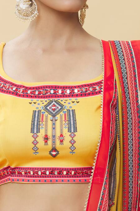 Shop_Samyukta Singhania_Yellow Georgette, Lycra, Silk Mirrors Round Neck Mughal Garden Print Lehenga Set_Online_at_Aza_Fashions