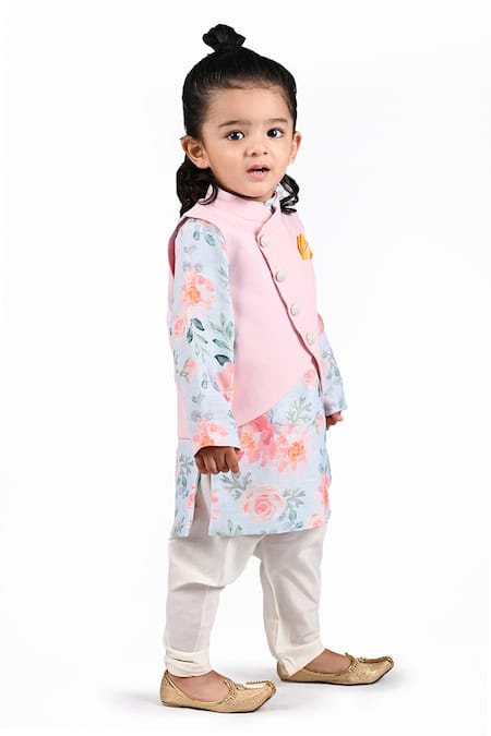 Shining Kanika Pink Linen Asymmetric Nehru Jacket Floral Pattern Kurta Set 