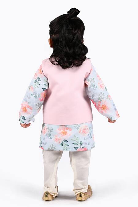 Shop Shining Kanika Pink Linen Floral Pattern Kurta Set With Nehru Jacket at Aza Fashions Shop_Shining Kanika_Pink Linen Floral Pattern Kurta Set With Nehru Jacket_at_Aza_Fashions