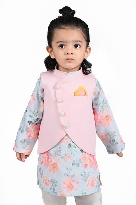 Shining Kanika Pink Linen Floral Pattern Kurta Set With Nehru Jacket Online at Aza Fashions Shining Kanika_Pink Linen Floral Pattern Kurta Set With Nehru Jacket_Online_at_Aza_Fashions