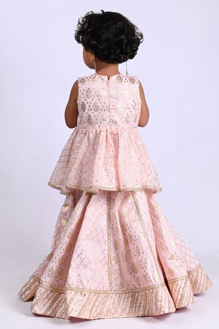 Shop Shining Kanika Peach Chanderi Embroidered Lace Peplum Top And Lehenga Set at Aza Fashions Shop_Shining Kanika_Peach Chanderi Embroidered Lace Peplum Top And Lehenga Set_at_Aza_Fashions