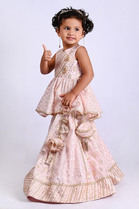 Shining Kanika Peach Chanderi Embroidered Lace Peplum Top And Lehenga Set Online at Aza Fashions Shining Kanika_Peach Chanderi Embroidered Lace Peplum Top And Lehenga Set_Online_at_Aza_Fashions